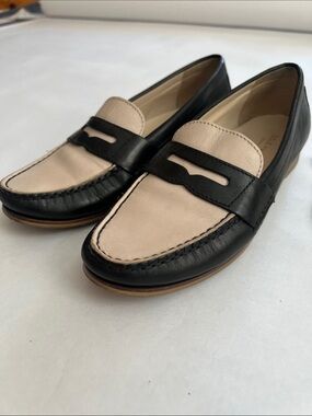 Cole Haan Black and Beige Leather Penny Loafers